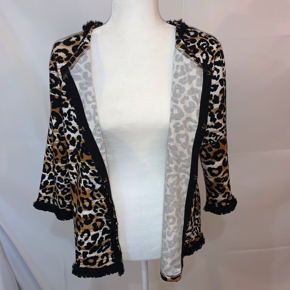 Sportelle Jacket Leopard Animal Print Lined fringe Medium 3/4 sleeve hook & eye - Picture 7 of 7